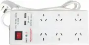 Ultracharge 6 Way Power Board 10A 2 x USB Charging Surge Protected