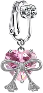 [Niaspi] Cute Pink CZ Heart Dangle Non Piercing Fake Belly Button Rings for Women Sparkling Crystal Love Heart Bowknot Clip On Non-Pierced Belly Navel Ring Fake Navel Body Piercing Jewelry, 14g, Metal