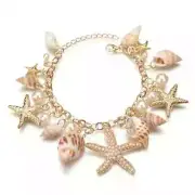 Gold Tone Starfish Conch Shell Imitation Pearl Lightweight Charm Bracelet Summer