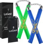 Logest Nunchucks - Pack of 2 with Storage Bag Safe Foam Rubber & Blue - Green