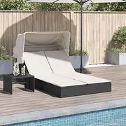 VRAXO Double Sun Lounger with Canopy and Cushions Black Poly Rattan -25KG,368637