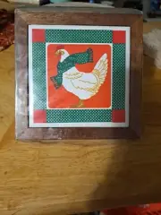 Vintage Wood Framed Chicken Ceramic Tile Trivet Coaster Country By Jasco NEW