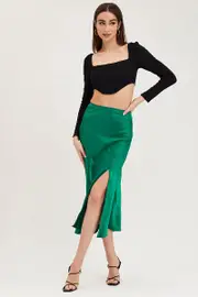 Green Slip Skirt Front Split Satin - Size 10, Women's Midi Skirt