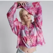 New One Teaspoon Rhiannon Top Pink Tornado Tie-dye Med Lace up Top Boho Hippie M