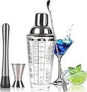 Cocktail Shaker, Mixer, Glass Shaker 14 oz with Measuring Cup and Mixing Spoon and Stainless Steel Bartender Set