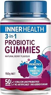 Inner Health Adults 3-in-1 Probiotic Gummies - 2 Probiotic Strains & A Prebiotic for General Health, Good Gut Health & Immune Support - Natural Berry Flavoured - 50 Gummies