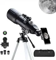 Telescopes for Adults, 80mm Astronomical Travel Telescopes with Lunar Filter, Straight Picture, 10x Refractor, Tripod and Carrying Bag with Smartphone Adapter for Astronomy