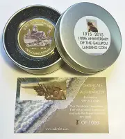 NEW 2015 GALLIPOLI LANDING 1 Oz COIN AND COLLECTORS TIN. C.O.A. LTD 1,000 Gold