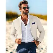 Men's Linen Blazer Jacket Sport Coat Fashion Casual Summer Solid Colored Blazer Dusty Blue Light Grey Dark Blue Tailored Fit Single Breasted One-button