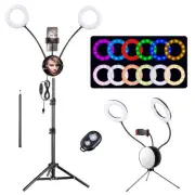 7" Dual LED Ring Light USB w/ Tripod Stand Mirror Phone Holder for Live Makeup