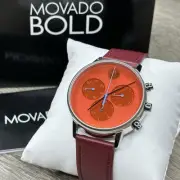 NEW✅SWISS✅ Movado FACE Red Dial Burgundy Leather 43mm Chrono Men's Watch 3640102