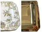 222 Fifth ADELAIDE GOLD set 8 Square DINNER PLATES toile bird Porcelain 11" NEW