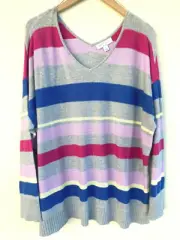 Cotton Knit Striped Sweater Tunic V-Neck Long Sleeve Women Plus Size 1X
