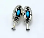 Navajo Handmade Kingman Turquoise Shadowbox Earrings in Sterling Silver F Perry
