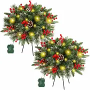 2 Pack Prelit Artificial Christmas Trees Lights, Christmas Tree Pathway Lights with Stake Red Berries Pinecones Xmas Lights