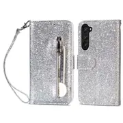 For Samsung Galaxy Z Fold5 5G PC+PU Leather Phone Stand Case Zippered Wallet Glittery Phone Cover