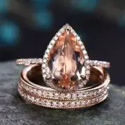 2 Ct Pear Cut Simulated Morganite Diamond 925 Silver Gold Plated Trio Ring Set
