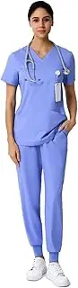 [Leaddol] Women Scrubs Set-V-Neck Scrub Top and Jogger Pants,Yoga Waistband 8 Pockets,Soft TR Fabric,Rib-Knit Side Panel