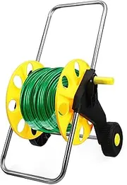 Kisangel Garden Hose Storage Cart Wheels Hose Reel Trolley Effortless Push Design Multi-Functional Outdoor Use Sturdy Bright Yellow