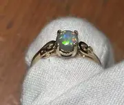 Lightning Ridge Natural Solid Polished Opal Set In 14k Gold Ring Size 8 7x5mm