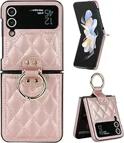 Galaxy Z Flip 4 Case with Ring, Premium Leather Back Cover Anti-Scratch Shockproof Case for Samsung Z Flip 4 5G (Rose Gold)