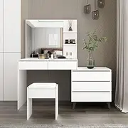 Luxsuite Dressing Table Set Mirrored Makeup Vanity Table with Drawers Storage Dresser & Stool Modern Bedroom Furniture White