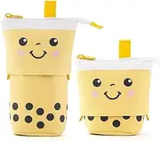 Cute Pencil Case Kawaii Standing Pen Holder Bubble Tea Boba Milktea Pop Up Back to School Supplies Stationery Organizer Bag with Smile Face Cosmetics Pouch Makeup Bag for Kids Students Teens (Yellow)