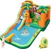 HONEY JOY Inflatable Water Slide, 7-in-1 Bounce House Water Park w/Splash Pool, Water Cannon, Ring-toss Game, Climbing Wall, Basketball Hoop, Kids Indoor Outdoor Jumping Castle (with 680W Blower)