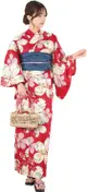 Nishiki【日本代購】和式浴衣+束腰帶2件套 女士成人用 - ナデシコに紅葉(赤)
