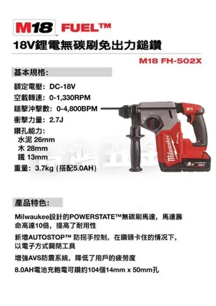 景鴻五金 公司貨 米沃奇 18V無刷免出力鎚鑽 M18FH-502X 5.0雙電池組 M18FH 鎚鑽 含稅價