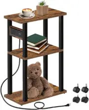 3-Tier Bedside Table with Charging Station, USB Ports, Storage Shelf, Brown