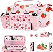 FUNDIARY Strawberry Carrying Case Set for Nintendo Switch OLED, Cute Accessories for Switch OLED with Hard Protective Case, Adjustable Shoulder Strap, Screen Protector and 2 Strawberry Thumb Caps