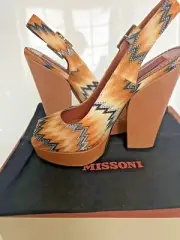 MISSONI 37.5 7.5 Brown Textile ZigZag Platform Slingback Sandals Pumps Chunky