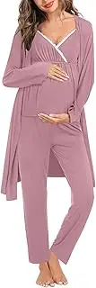 [SWOMOG] Maternity Nursing Robe Set 3 Piece Breastfeeding Pajamas 3 in 1 Labor Delivery Sleevless Tops&Long Pants Pregnancy Pjs, Taro Purple, Medium
