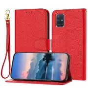 Galaxy A51 4G /M40S Case Litchi Grain PU Leather Folio Cover Magnetic Closure Flip Wallet Card Slots Stand Case With Hand Strap, Brown - Red