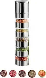 Sunmei Portable Spice Kit, Modular 5-in-1 Salt and Pepper Grinder Set for Camping Kitchen, Travel, Car Camping, RV, Outdoors (Stainless Steel, 1.1 fl.oz. x 5)