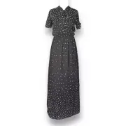 Women’s ModCloth Chiffon Maxi Dress Black White Leaf Short Flutter Sleeve Bow