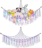 Stuffed Animal Hammock, Stuffed Animal net or Hammock with Led Hammock for Stuffed Animals Storage Macrame Netting Plushie Hanging Corner for Nursery Bedroom (Purple)