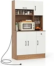 Giantex 167cm Tall Pantry Cabinet w/Hutch & Power Outlets, Kitchen Storage Cabinet with Stemware Rack, Drawer, Adjustable Shelves, Microwave Cabinet for Dining Room (Natural)