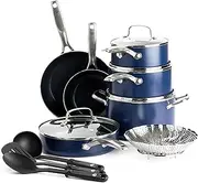 [Blue Diamond] Cookware Diamond Infused Ceramic Nonstick 14 Piece Cookware Pots and Pans Set, PFAS-Free, Dishwasher Safe, Oven Safe, Blue