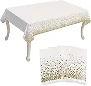 4 Pack Disposable Plastic Tablecloth, 54" X 108" Rectangle Dot Tablecloth, Disposable Tablecloths for Indoor or Outdoor Tables Party Decorations, Christmas Birthdays and Weddings (White and Gold)