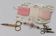 Pink & Pearl Brass Sewing Notions Fob & Vintage Gold Plated Embroidery Scissors