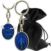 LUNEXUS Keyring Holy Mary - Blessed - Virgin Mary Spread Arms & M Cross with Heart of Jesus - Christian Protection Pendant - Mary Picture & Cross for Bag, Keychain & Gift, silver/blue, 9 cm
