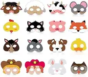 16 Piece Farm Forest Animal Mask Barnyard Animal Face for Petting Zoo Farmhouse Jungle Theme Birthday Christmas Costumes Dress-up Party Supplies