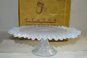 Fenton Art Glass White Opalescent Iridescent Cake Plate Stand 13" 8416 FZ