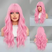 KAMIMASU Long Curly Baby Pink Wig with Air Bangs Hair Length Synthetic Wave Heat Resistant Fiber Bright Rose Pink Wigs Middle Parting for Women, Drag Queen Cosplay Makeup 26Inches