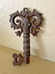Skeleton Pirate Key Midievalwith Skull in Cast Iron 4.25" Tall Antique Finish