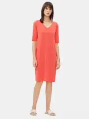 Eileen Fisher Red Lory Fine Tencel Jersey V-Neck Shift Dress Sz PM $168 NEW