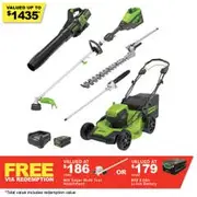 GREENWORKS 60V 1 x 4.0Ah 46cm Self Propelled Mower + Multi Tool+ Blower + Polesaw and Hedge Trimmer Attachment Kit 1305807AU