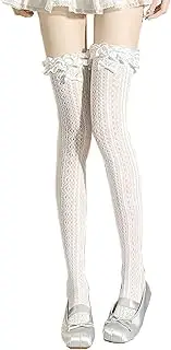 [Ninejuize] Thigh High Stockings with Bow, Santa Accessory Y2K Fishnet Socks with Lace Brim Lingerie Tights for Women